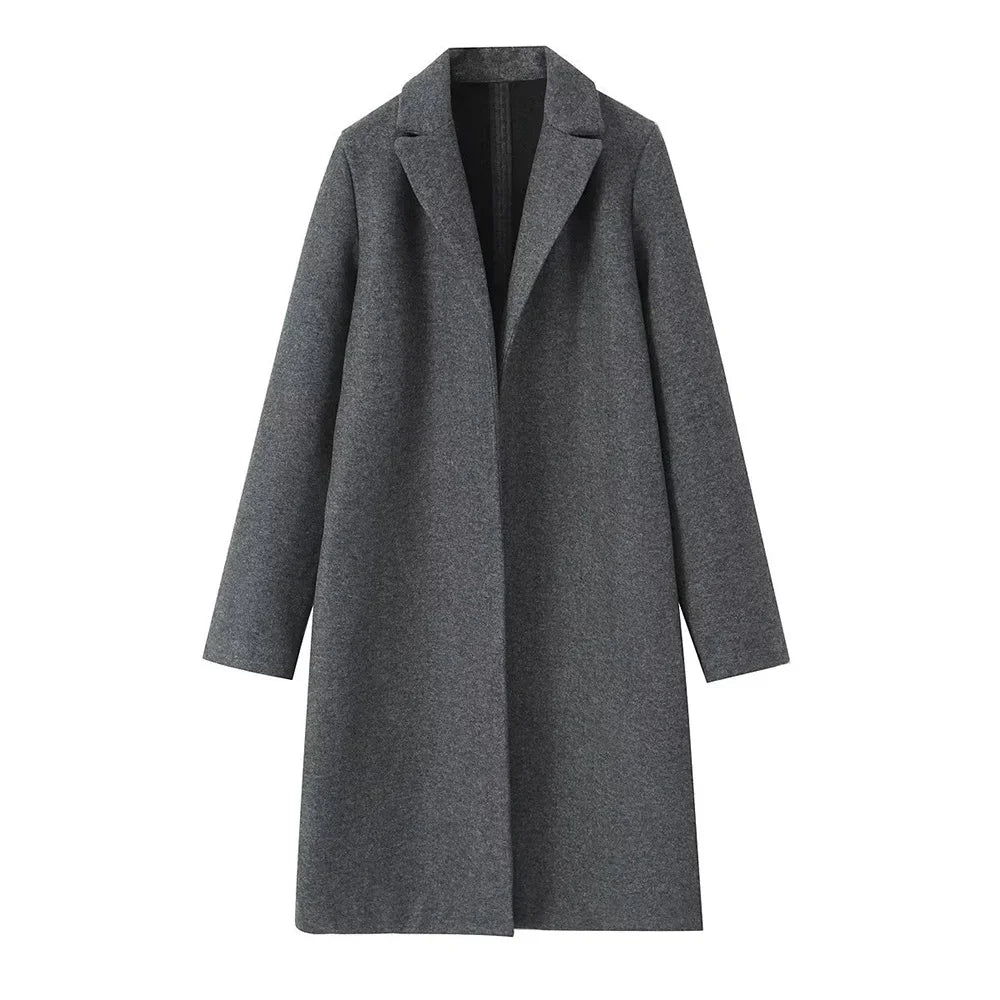 Velana open-front V-line trench coat lightweight warm layer with deep pockets professional style