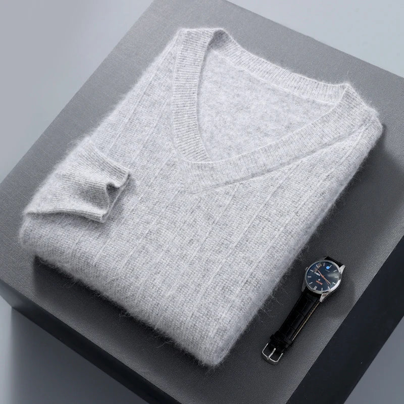 Men's loose fit wool blend V-neck sweater, soft warm knit pullover ideal for effortless layering