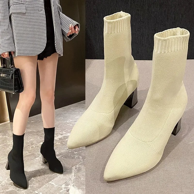 Kate women's black leather sock boots pointed toe stretch fit orthopedic ankle boots