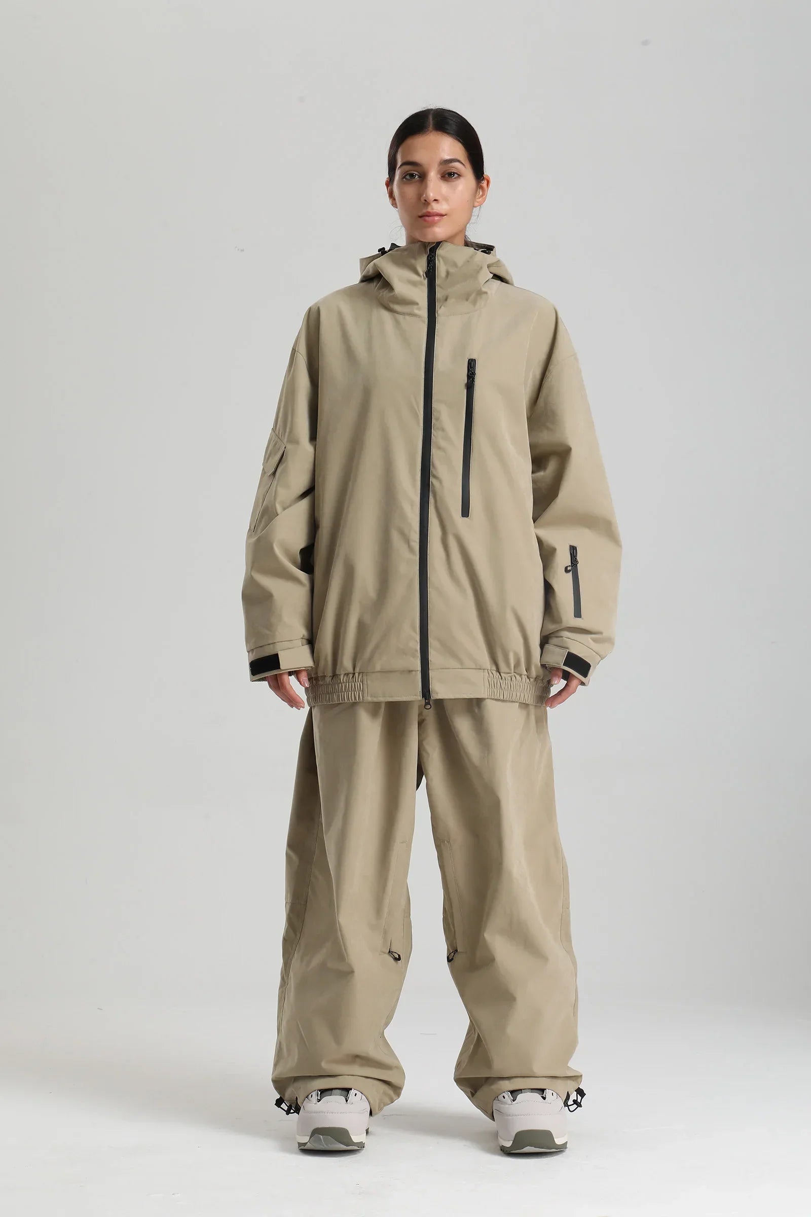 Unisex winter ski set with hood, sleek modern silhouette blending urban streetwear and mountain style