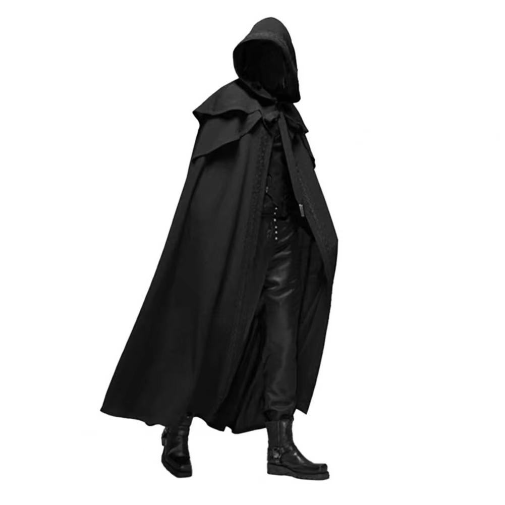 Black unisex steampunk gothic tailcoat with dramatic theatrical silhouette for Halloween cosplay