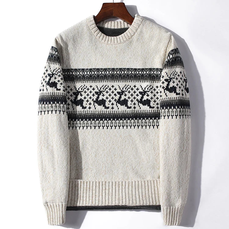 Men's Nordic winter knit sweater in classic pattern with reindeer motif and ribbed trims for cozy warmth