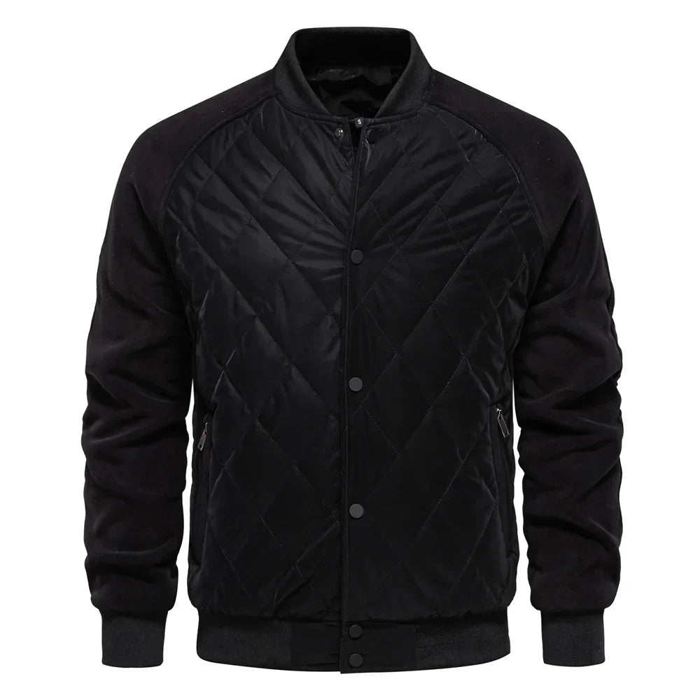 Unisex quilted bomber jacket diamond-stitched nylon front suede sleeves two-tone insulated all-season