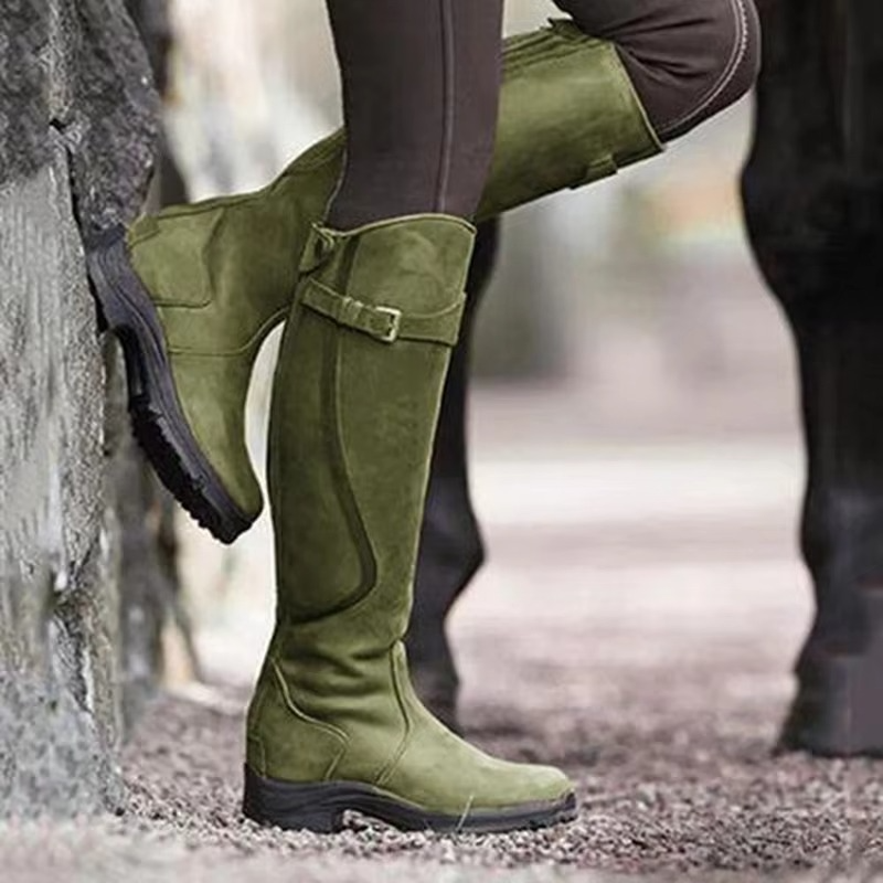 Women's black PU leather knee-high retro boots with buckle detail, side zipper, and round toe