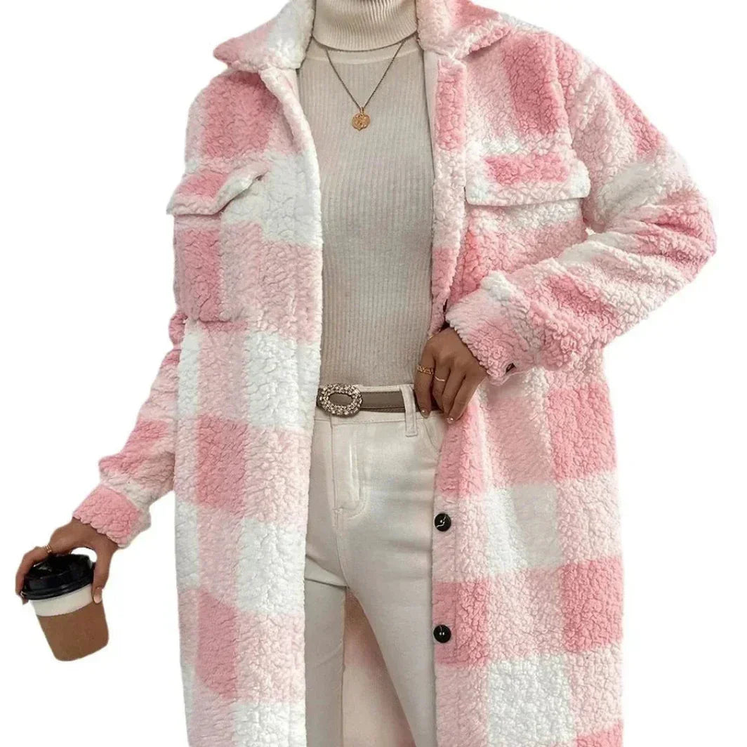 Women's longline plaid trench coat with faux fur lapel, relaxed loose fit, stylish warm outerwear