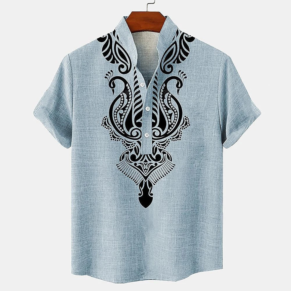 Navy blue relaxed-fit Hawaiian short sleeve shirt with subtle crested motif print for travelers