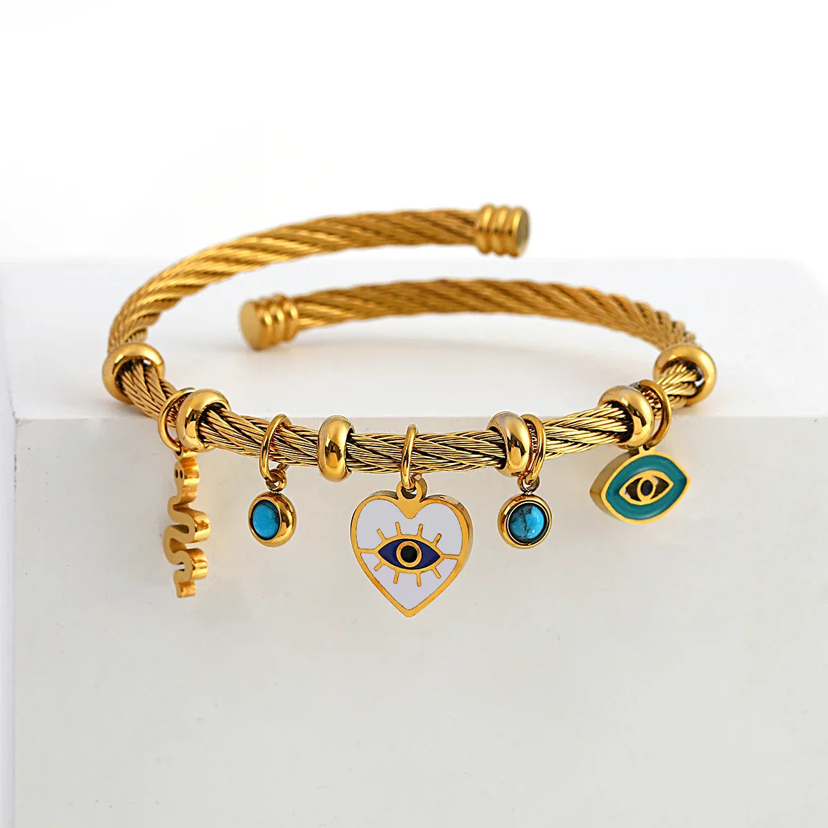 Turquoise evil eye sculpted cable bracelet tarnish-resistant adjustable cuff women's amulet jewelry