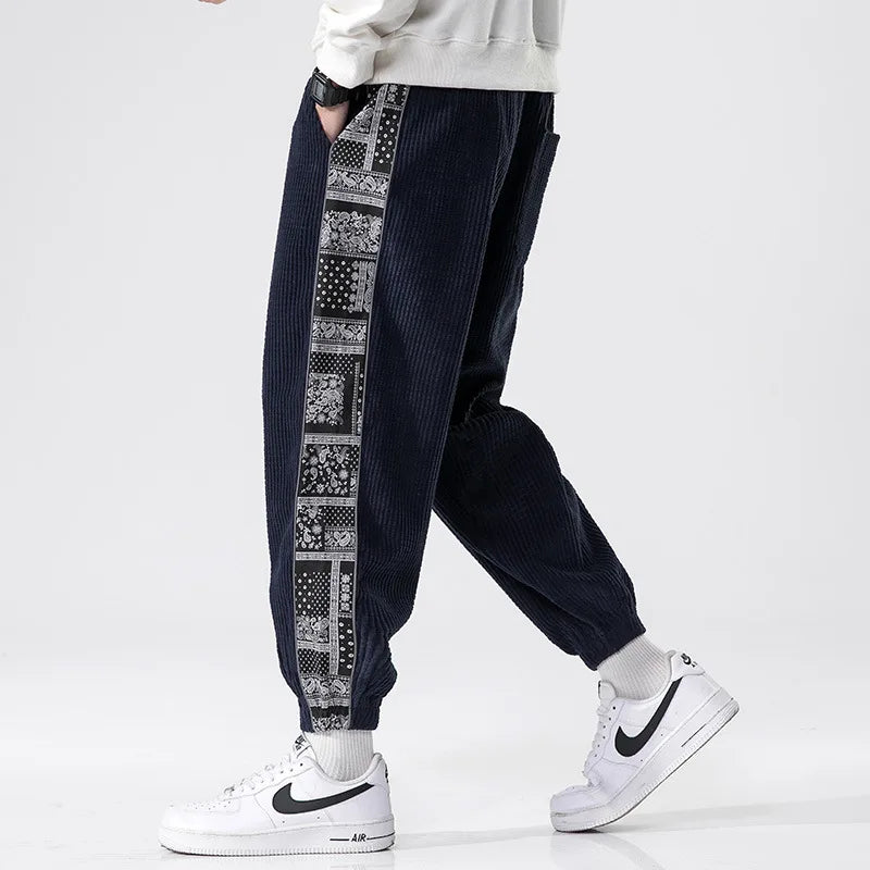 Relaxed fit corduroy sweatpants with paisley bandana side detailing, 90s streetwear inspired