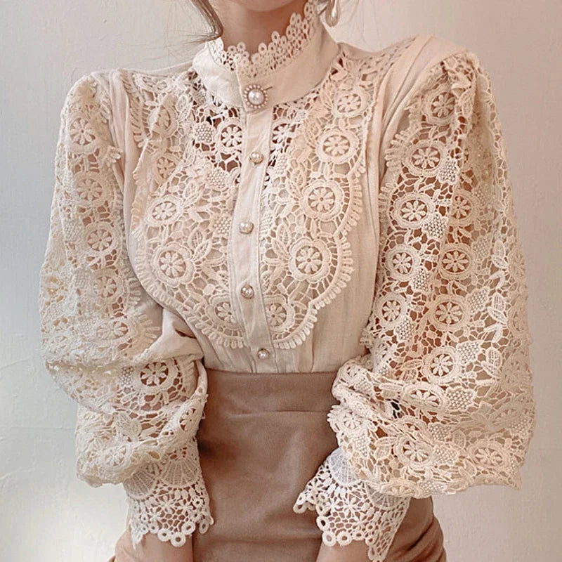 White cotton blouse with lace detail, tailored waist, pearl buttons, elegant workwear style