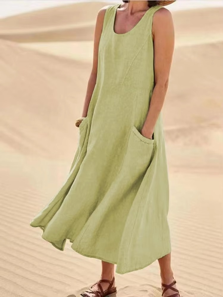 Women's cotton linen maxi sundress loose sleeveless silhouette with pockets breathable beachwear