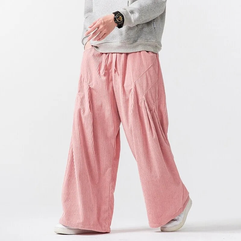Men's wide leg ribbed drawstring pants casual comfort breathable fabric relaxed fit