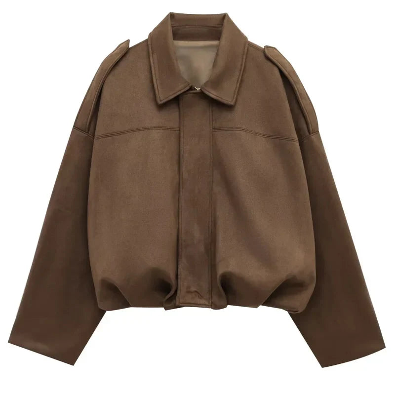 Women's cropped bomber jacket black lapel collar zip-front street-style layering essential