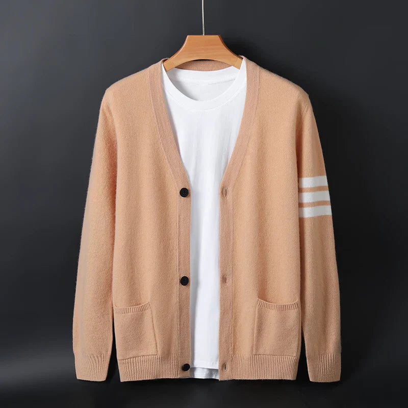 Women's striped sleeve knit cardigan, button-front with ribbed trim, casual relaxed fit layering essential