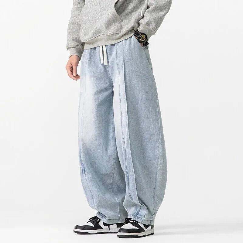 Japanese oversized baggy jeans pleated front drawstring waist streetwear 90s dramatic silhouette