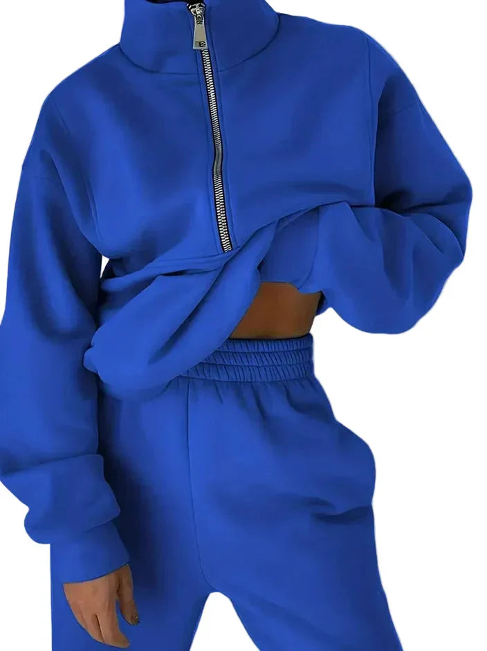 Women's two-piece tracksuit set stand-up collar zip loose athleisure casual sporty silhouette