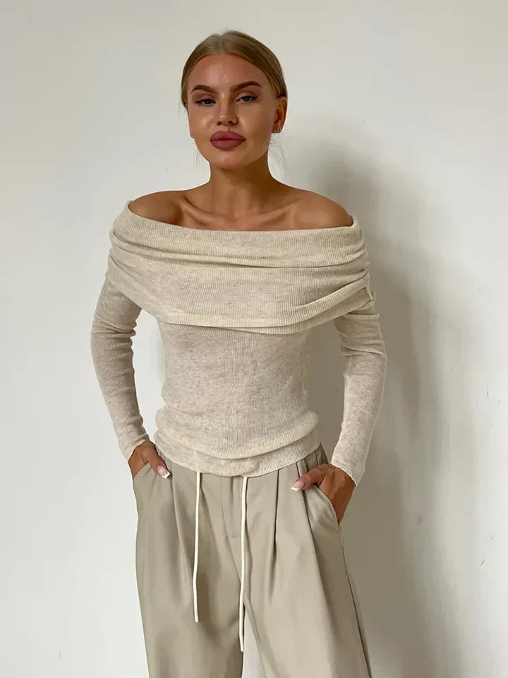 Women's off-shoulder ribbed knit fitted sweatshirt with long sleeves for everyday chic style