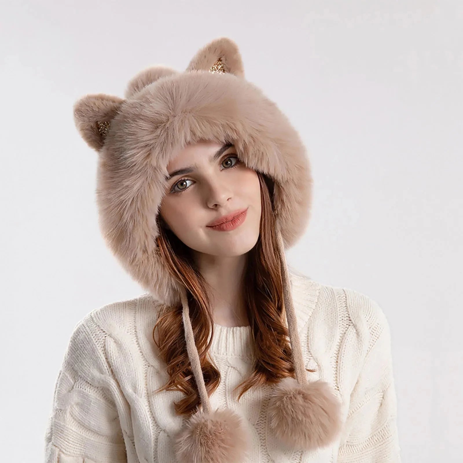 Women's gray cat ear trapper hat with pom-pom, cozy ear flaps for winter warmth