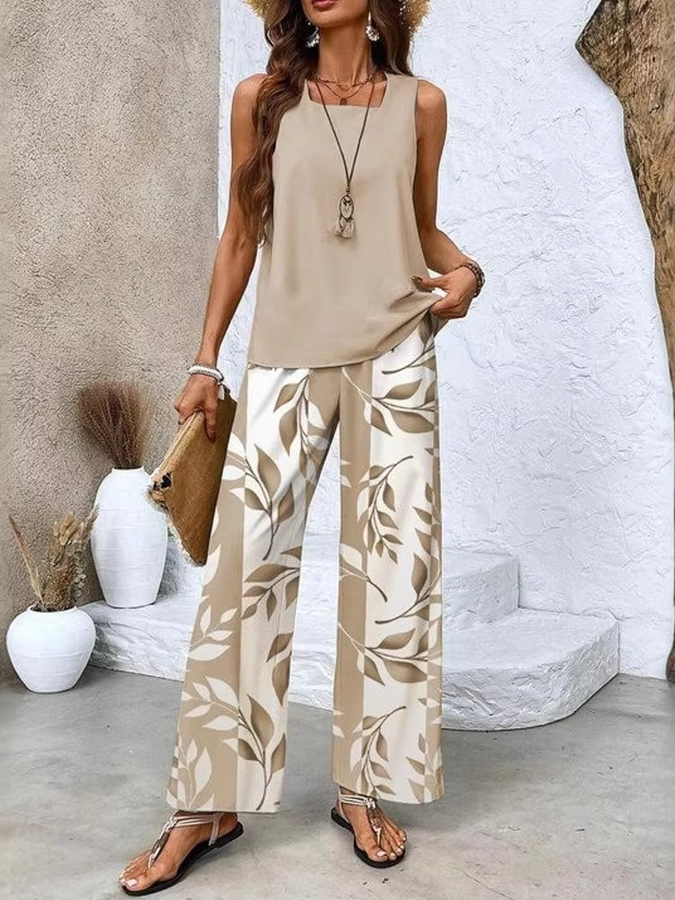 Women's digital print square collar vest and long trousers two-piece set with relaxed pull-on fit