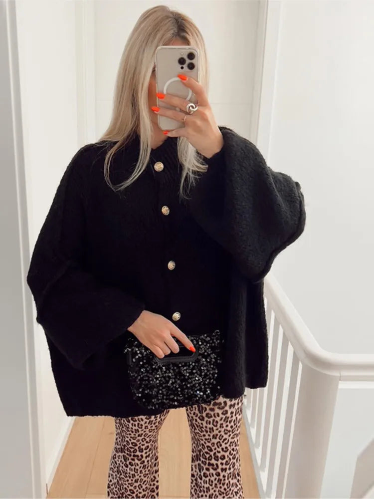Women's chunky knit cardigan relaxed oversized fit with button front closure for cozy winter warmth