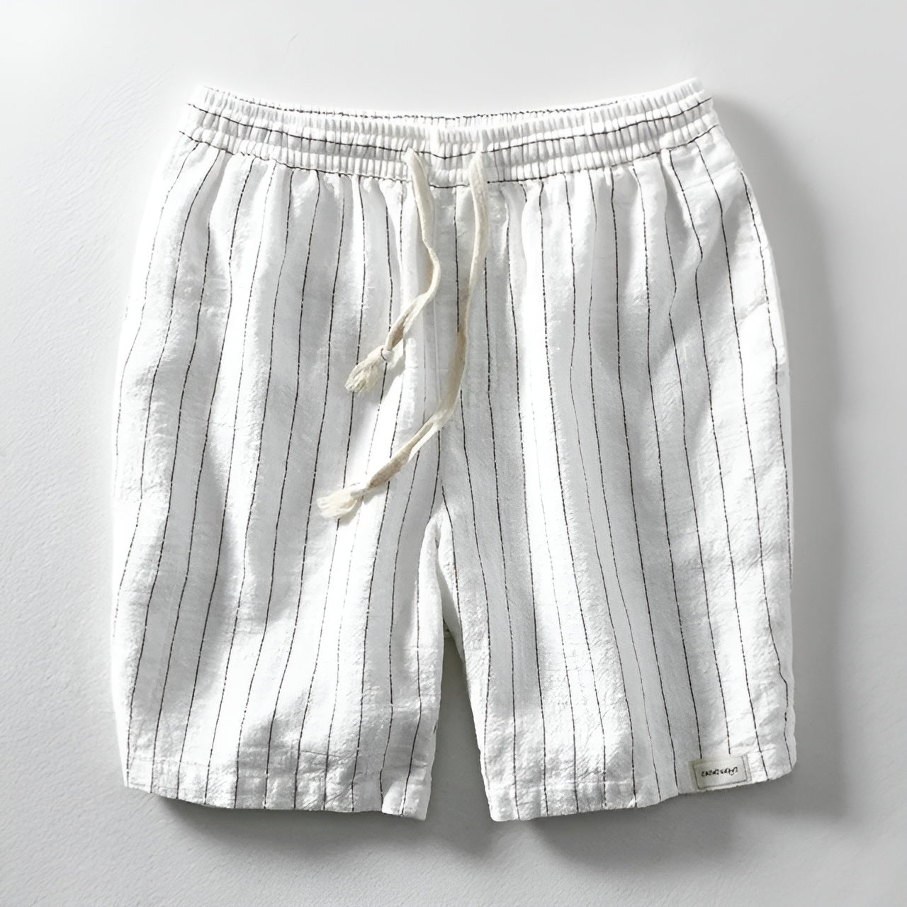 Men's beige cotton linen pinstripe shorts relaxed fit adjustable drawstring breathable summer