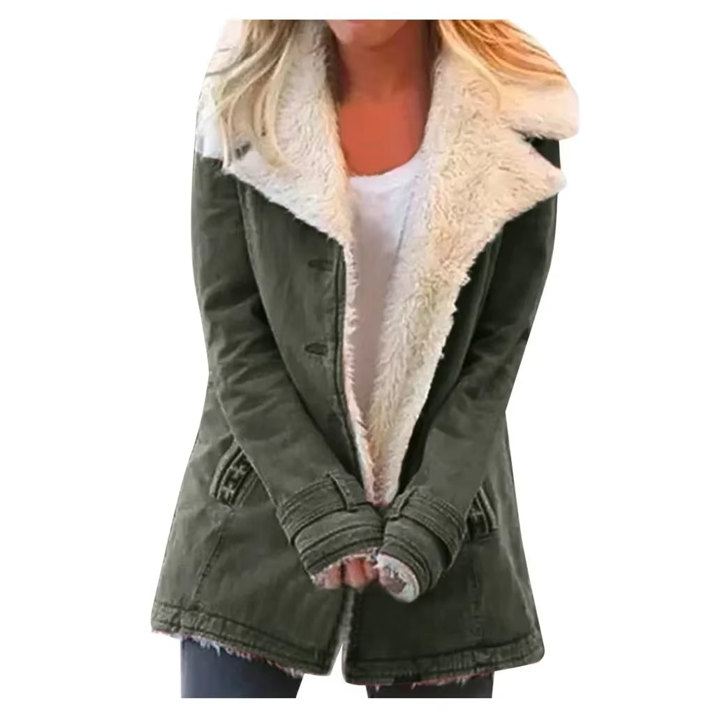 Women's plush lapel coat jacket cozy polyester blend chic parka for autumn winter warmth
