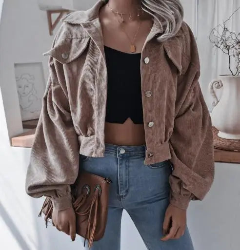 Mila cropped corduroy short jacket soft texture casual lapel button closure effortless layering women