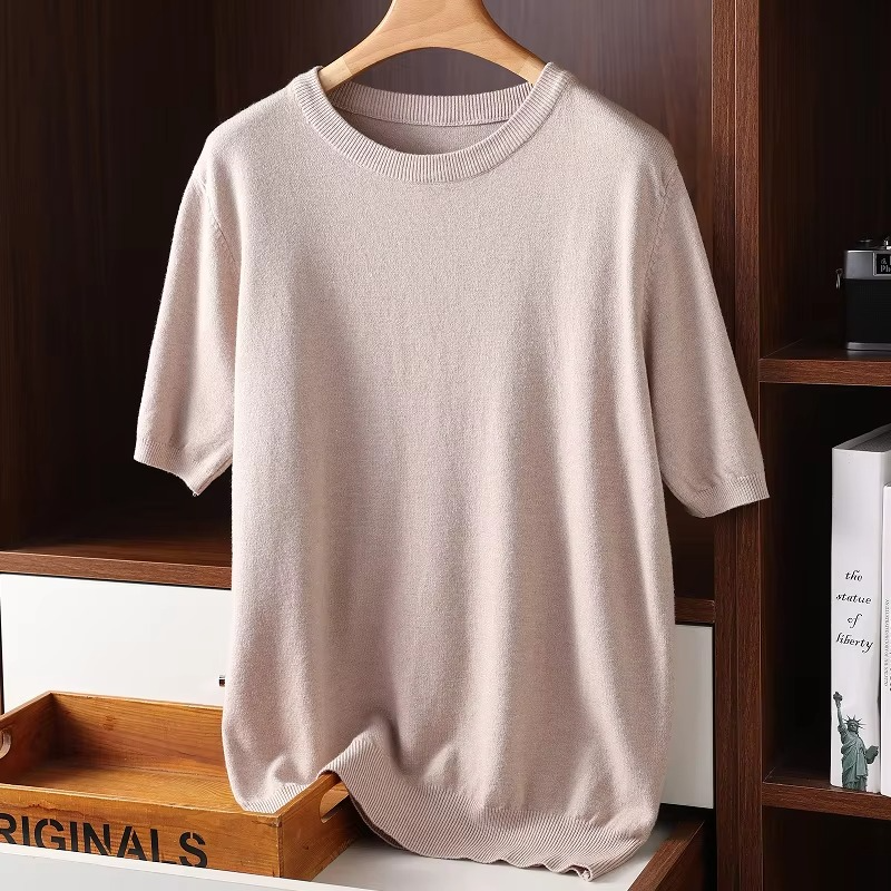 Men's ivory cashmere short sleeve O-neck sweater, lightweight fine-knit luxury pullover with clean minimalist cut