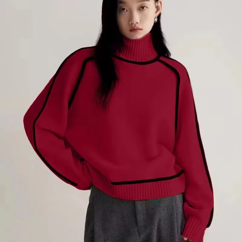 Women's striped knit turtleneck sweater, loose fit long sleeve pullover in cozy warm fabric