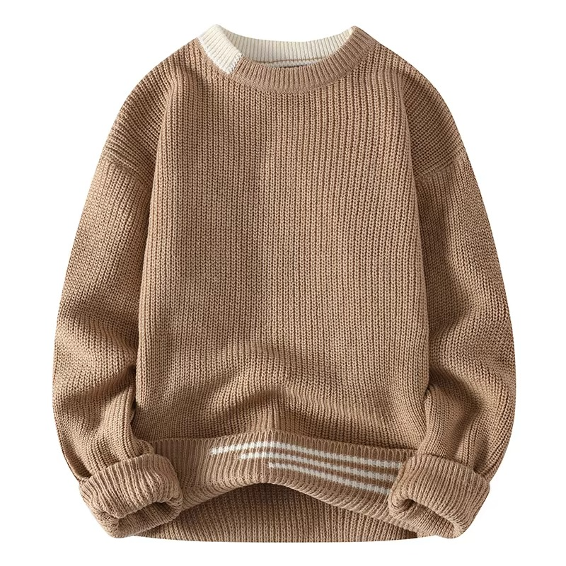 Men's slim fit patchwork knit sweater O-neck pullover with contrast panels warm cozy everyday style