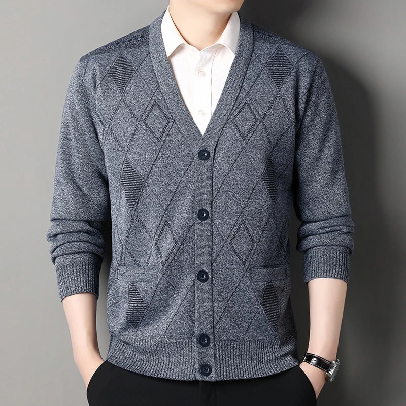 Men's classic check knit cardigan tailored fit soft texture refined office layering essential