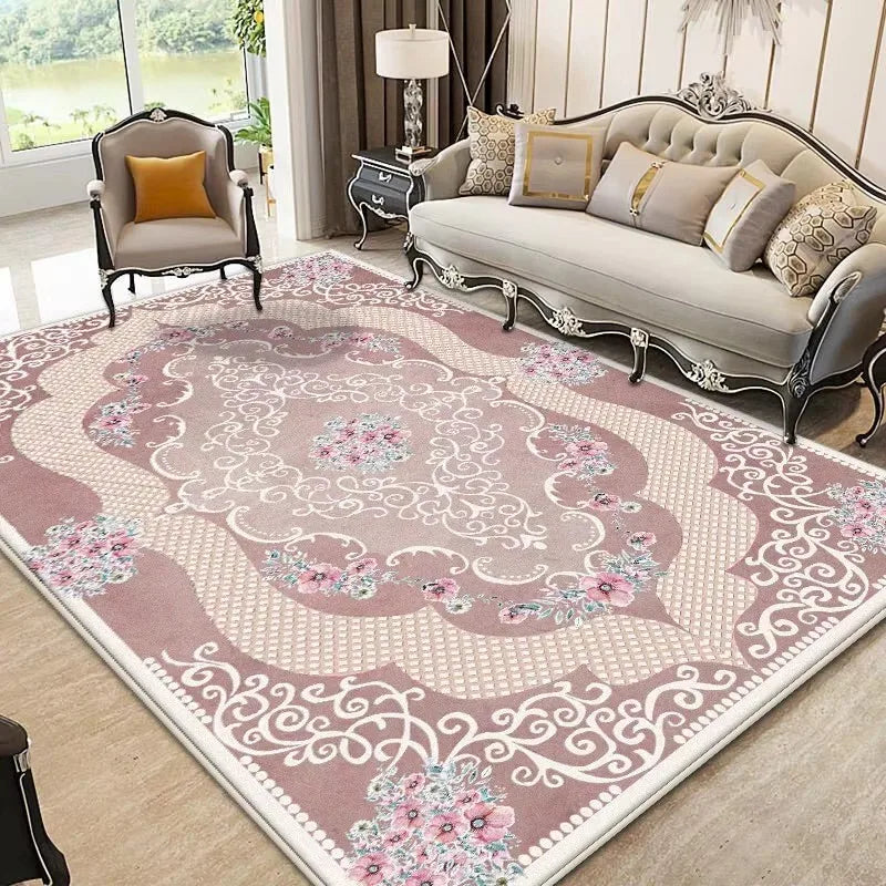 European-style luxury floral area rug in soft flannel, non-slip large floor mat for living room