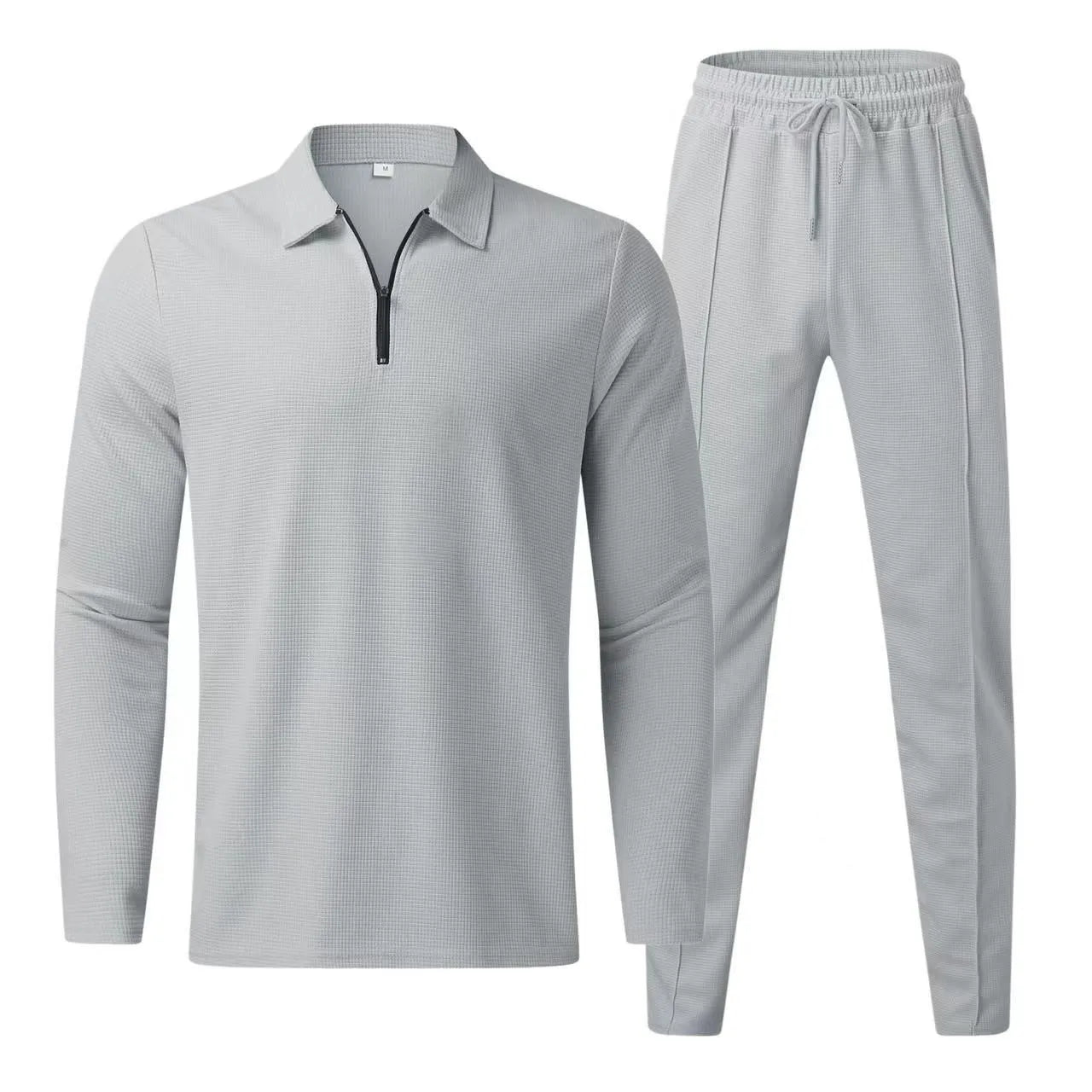 Men's waffle knit casual sport set full zip long sleeve top matching pants breathable soft fabric