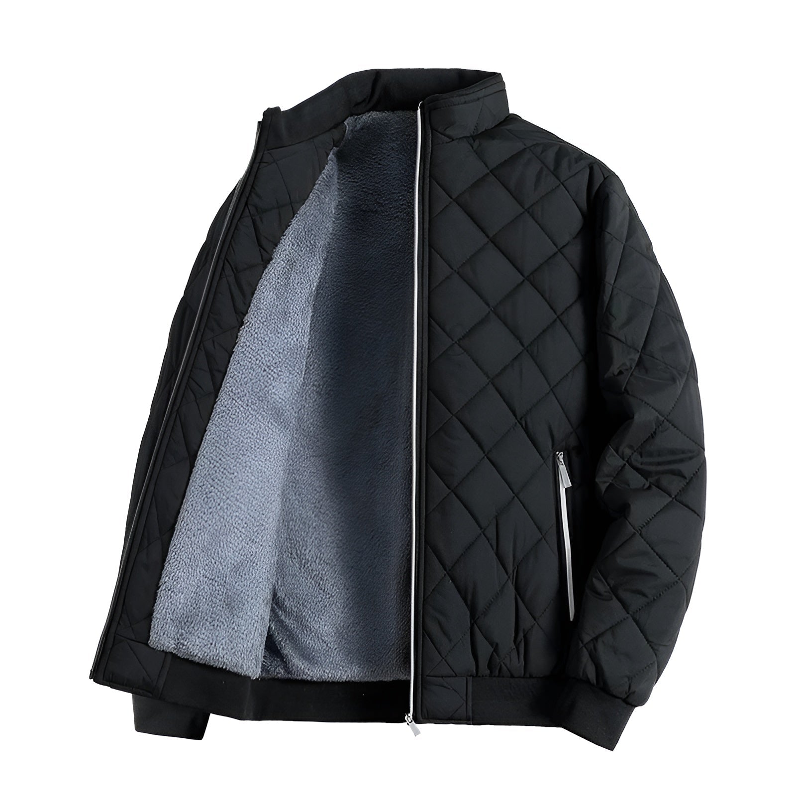 Unisex quilted thermal jacket lightweight fleece-lined diamond pattern high stub collar tailored fit