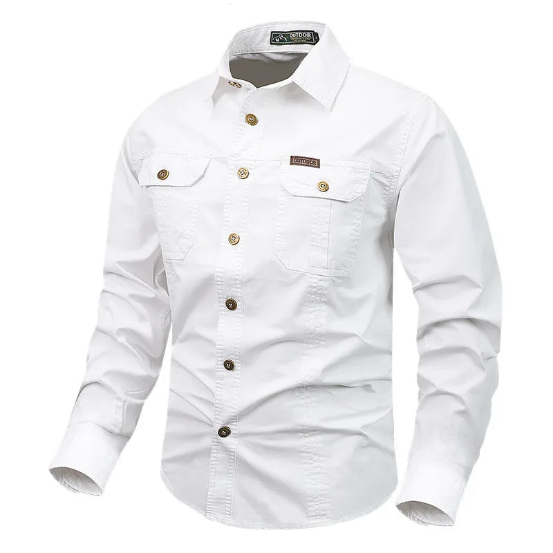 Men's olive green utility button-down shirt with rugged fabric and multiple cargo pockets for outdoor adventures