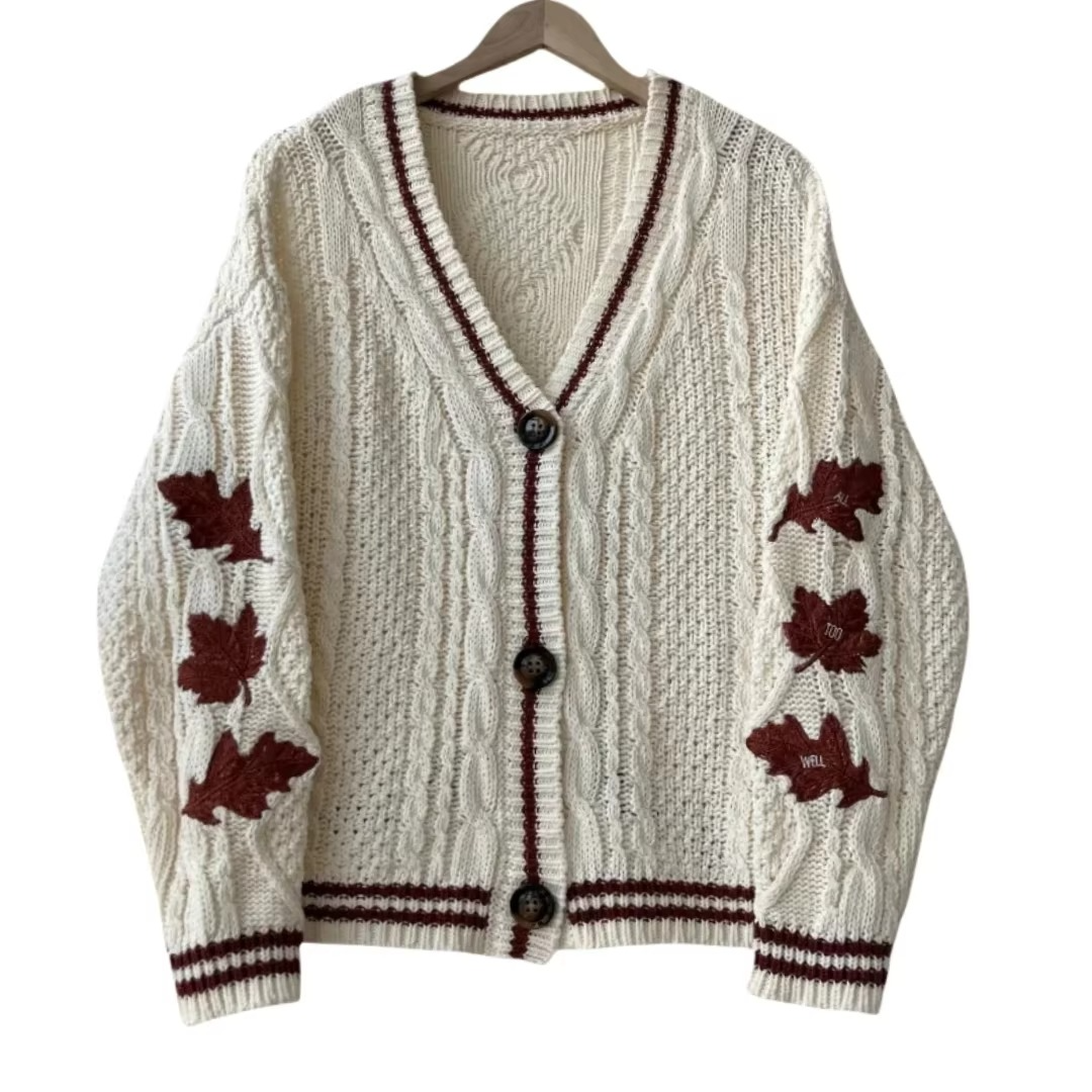 Women's autumn red maple leaf embroidered midweight knit cardigan with cozy seasonal charm