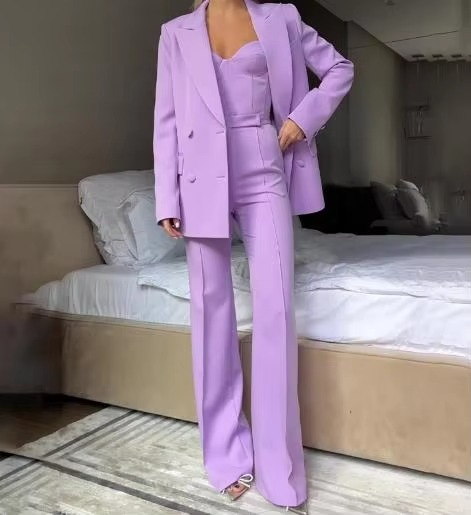 Women's 3-piece autumn suit set blazer corset high-waist pants camisole professional workwear ensemble