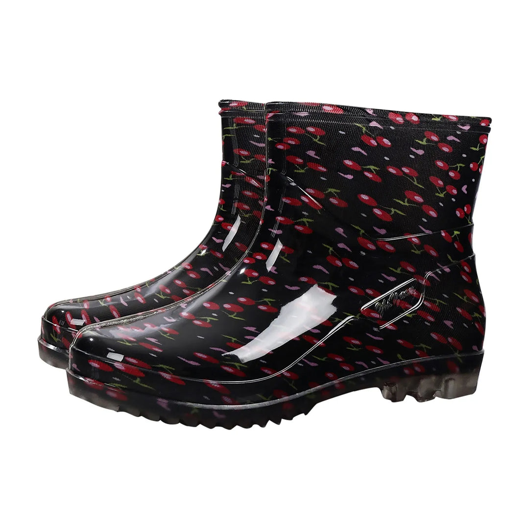 Women's black rubber Wellington boots waterproof slip-on mid-calf with outdoor traction sole