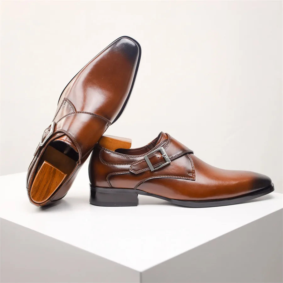 Marc Ventura brown single monk strap leather dress shoe with buckle closure, classic formal style