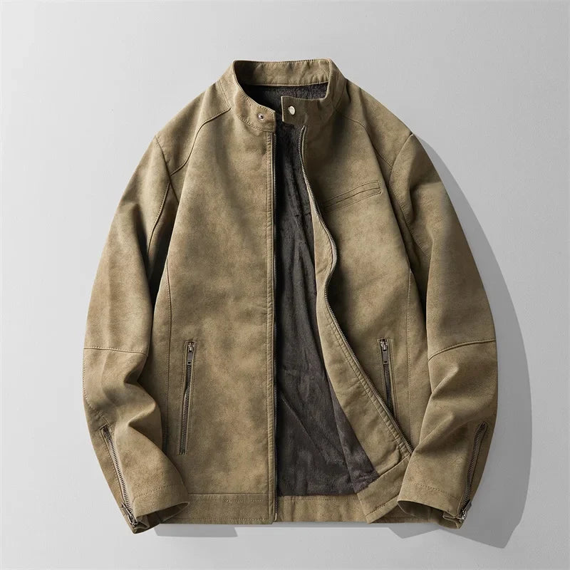 Distressed suede leather moto jacket slim retro fit vintage desert tan for motorcycle riders