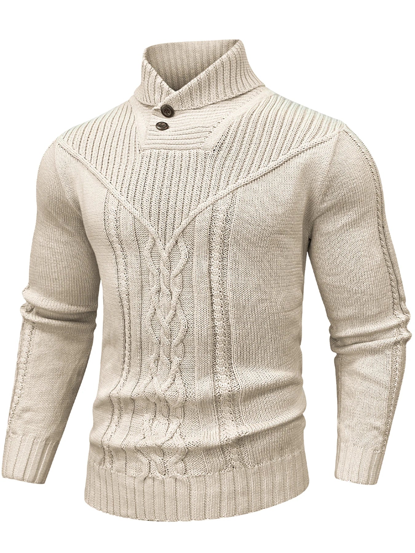 Cream cable knit unisex sweater with high-neck ribbed collar and button closure, classic cozy fit