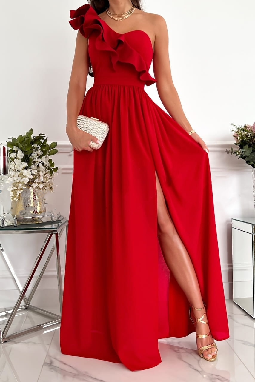 Black asymmetric one-shoulder evening gown with ruched bodice and high slit for women