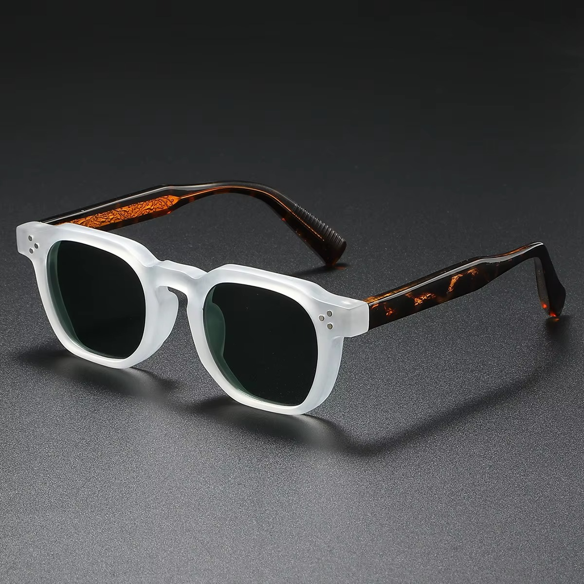 Retro square punk sunglasses unisex clear transparent acetate frame with engraved temples vintage bold