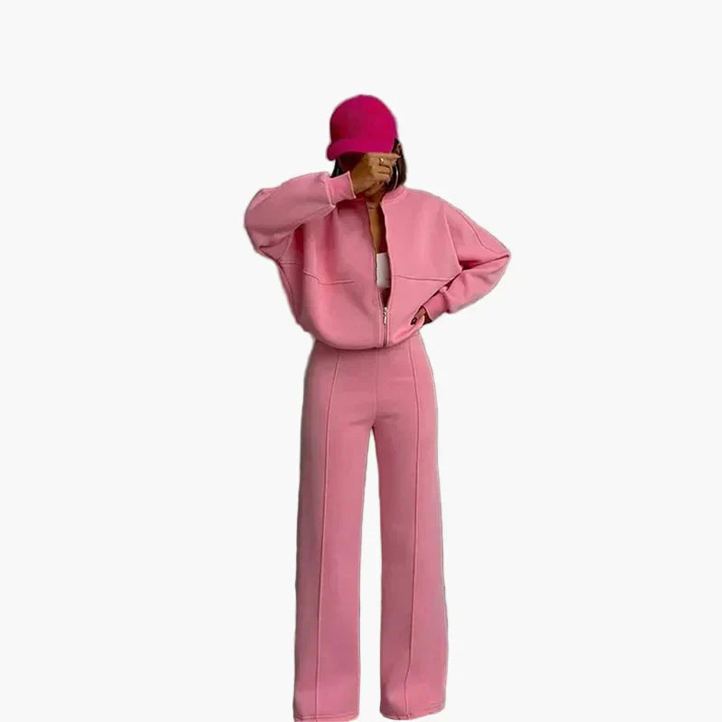 Women's oversized casual two-piece suit wide pants zip-up jacket urban streetwear minimalist style