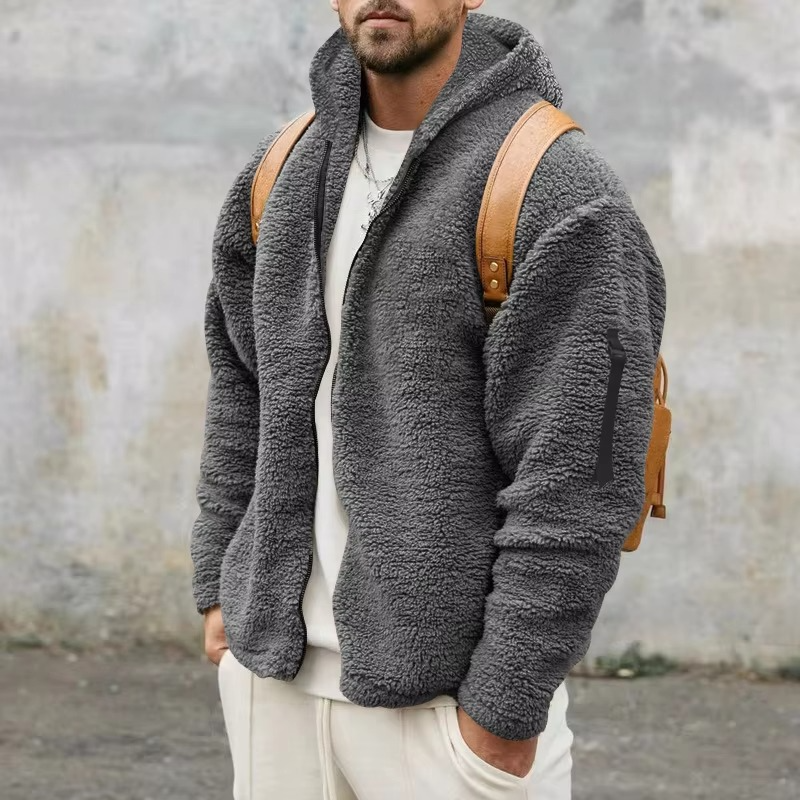 Men's reversible fleece hooded jacket two-tone cold weather outerwear with plush interior