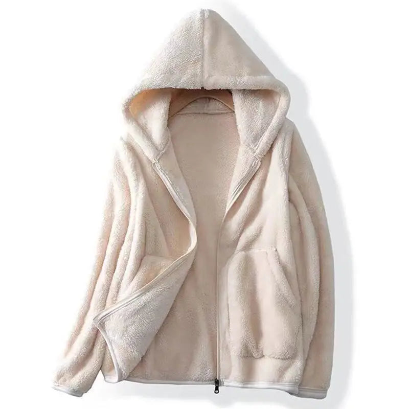 Women's cozy hooded zip jacket in neutral tone, relaxed fit with full-length zipper for winter warmth