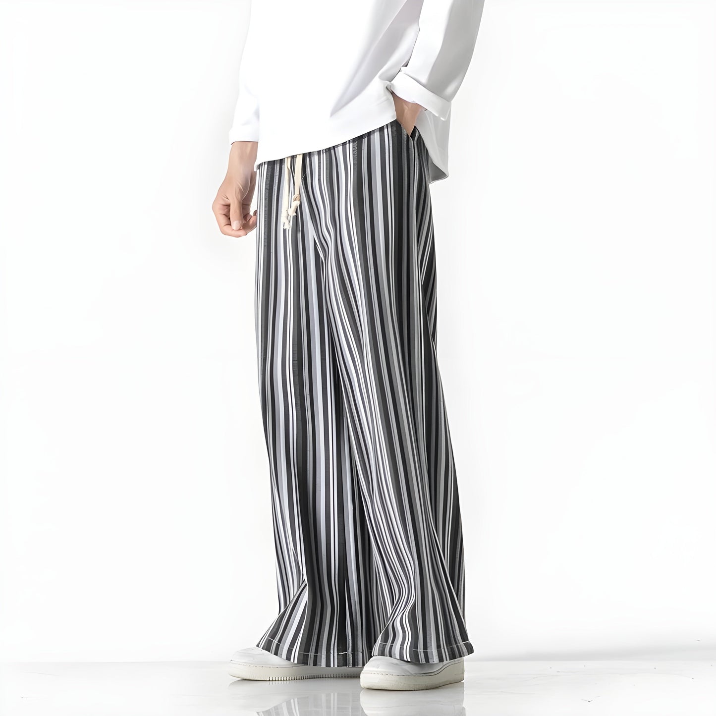 Women's wide-leg striped cotton pants elastic waist relaxed fit breathable Osaka style