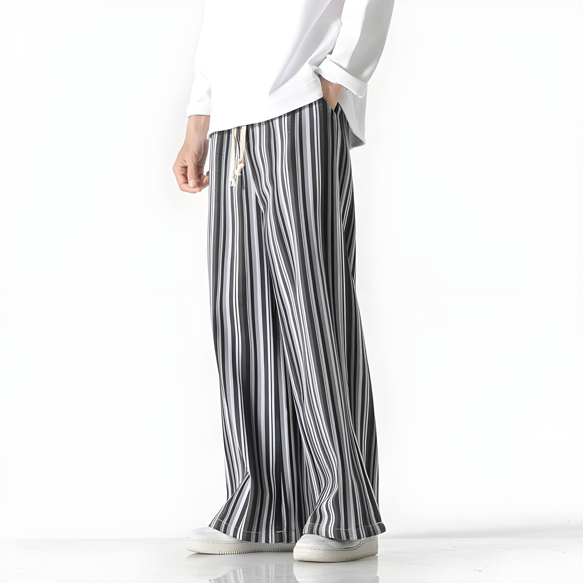 Women's wide-leg striped cotton pants elastic waist relaxed fit breathable Osaka style