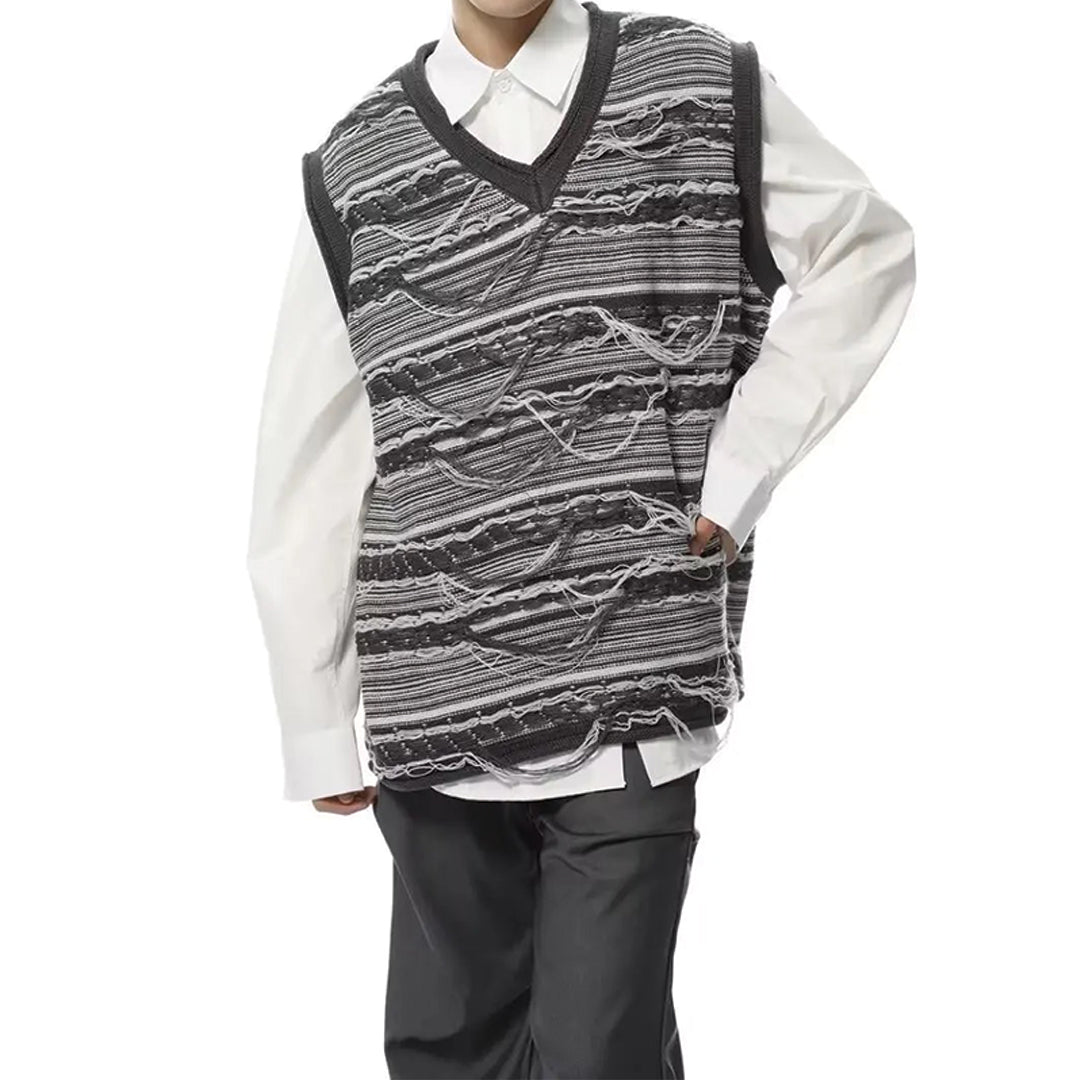 Men's purple frayed knit vest sleeveless V-neck with distressed detailing, Coachella layering essential