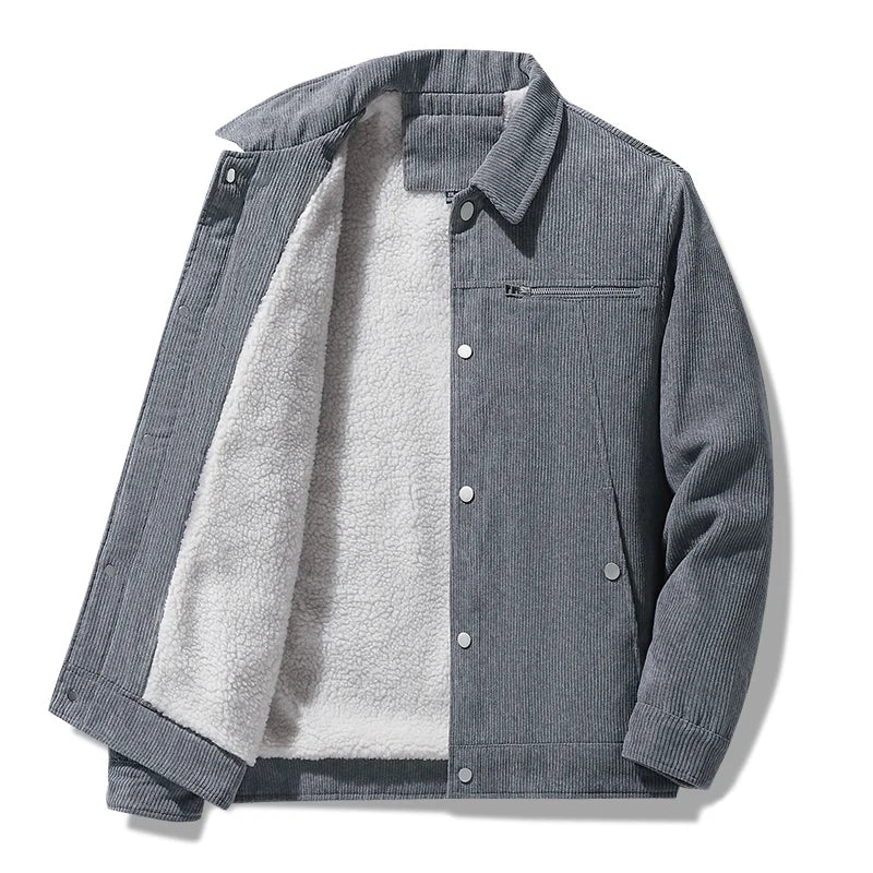 Ribbed corduroy jacket fleece-lined structured fit with metal hardware accents for smart casual wear