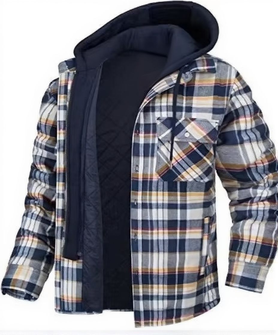 Men's insulated plaid hooded winter jacket thick quilted lining for cold weather outdoor wear
